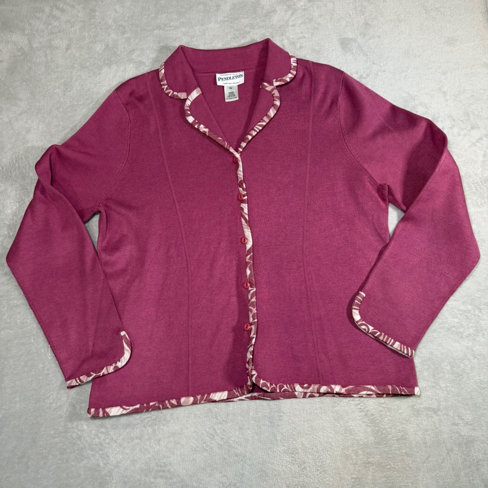 Pendleton Silk Blend Button‎ Front Cardigan Sweater Berry Pink Pattern Trim XL
